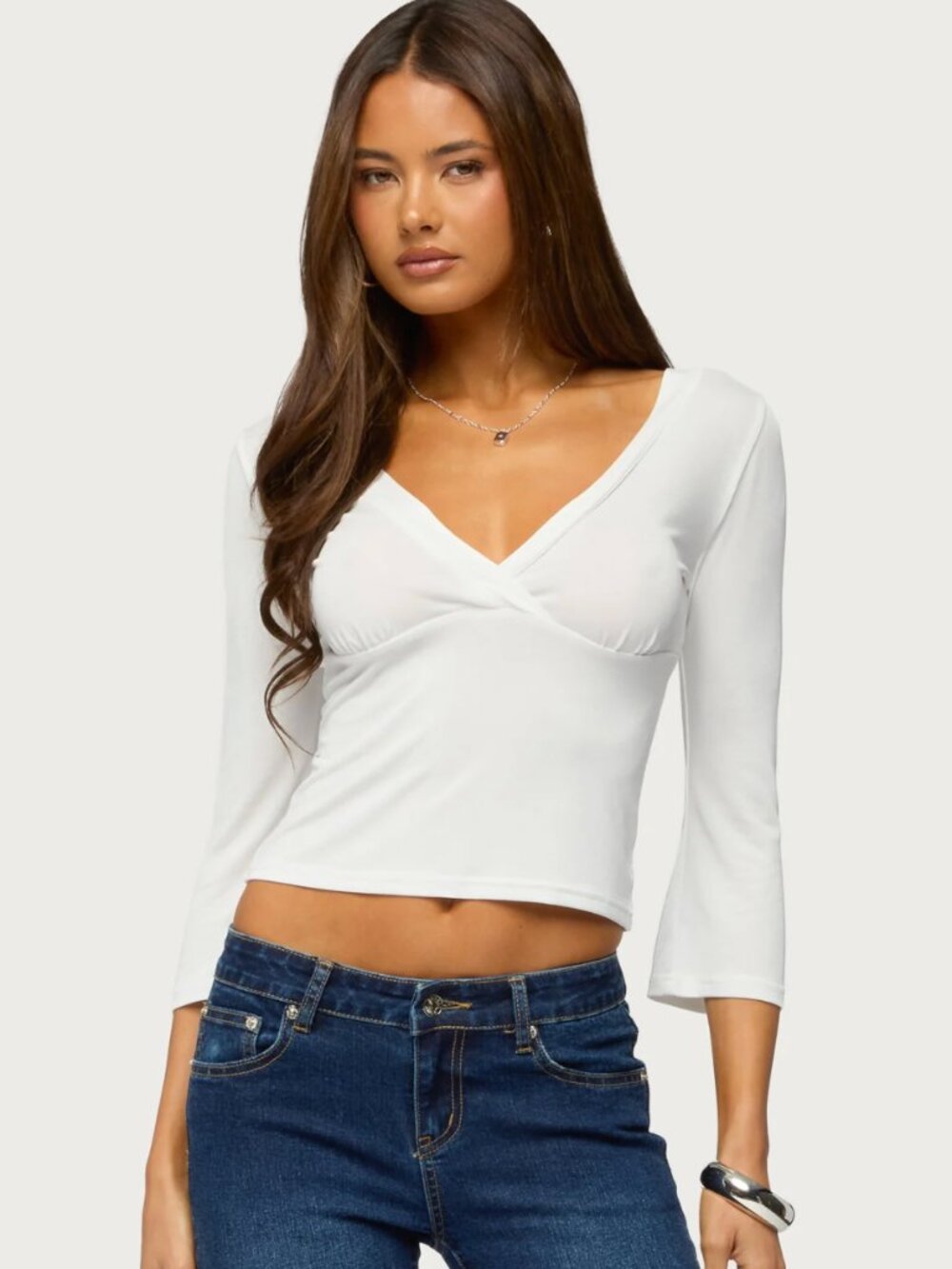 NEW Edikted White V-Neck 3/4 Sleeve Top